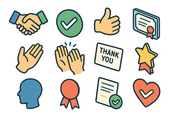 Acknowledgment Basics set icons in modern isometric flat vector style: handshake icon, checkmark in circle, thumbs up, certificate icon, open hand gesture, clapping hands, thank
