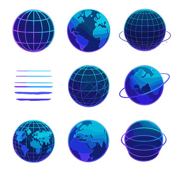Latitude Creative set icons in modern isometric flat vector style: neon globe with parallels, glowing equator, holographic Earth with lines, fractal grid globe, cosmic latitude