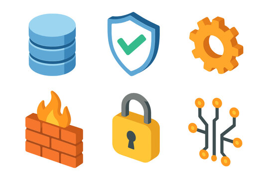 Data protection firewall set icons in modern isometric flat vector style: database stack, shield with checkmark, gear, firewall icon, padlock, circuit.