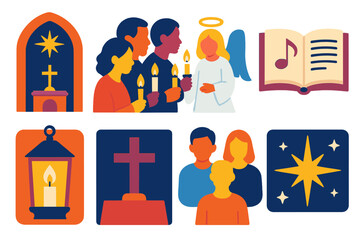 Christmas Eve Mass flat icons: church interior, candle procession, angel figure, choir songbook, altar cross, glowing lanterns, star of Bethlehem, peaceful worshippers. , , High