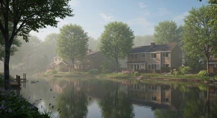 Fototapeta premium Tranquil lakeside neighborhood scene with houses trees and calm water misty atmosphere peaceful outdoor environment