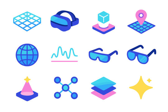 Spatial Computing flat icons: 3D grid, hologram, headset, cube, map pin, globe, data wave, AR glasses, light beam, network nodes, layer stack, sparkle. , , High resolution, sharp
