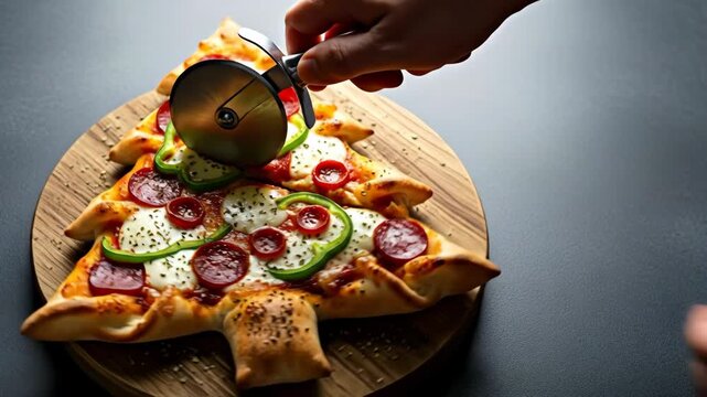 Hand of a woman decorating a Christmas tree-shaped pizza with pesto sauce on a wooden board. Festive holiday food preparation footage.