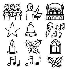 Fototapeta premium Christmas Choir outline icon set: choir group, songbook, conductor, stage, lanterns, star, bell, microphone, notes, church window, candle flame, holly branch. , , High resolution,