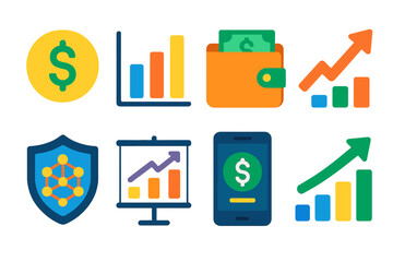 Transaction Analytics flat icons: money symbol, data chart, wallet icon, trend line, secure network, statistics board, payment screen, growth arrow. , , High resolution, sharp