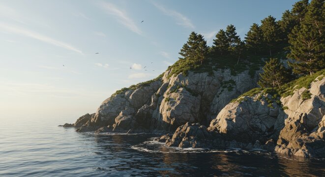 Coastal landscape with rocky cliffs ocean water and evergreen trees under a clear sky day