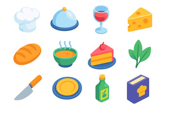 Gourmet flat isometric set: chef hat, cloche, wine glass, cheese wedge, bread loaf, soup bowl, dessert slice, herbs, cutting knife, plate set, olive oil, cookbook. XP Progress