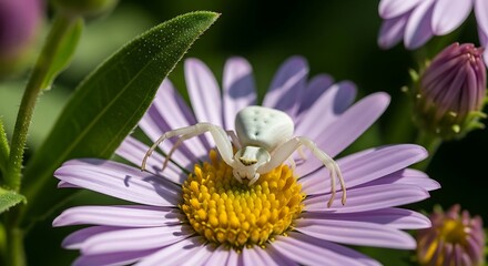 White spider camouflaged on a purple flower in the garden.