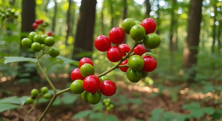 Fototapeta premium Vibrant Red and Green Berries Clustered on a Branch in a Lush Forest Setting.