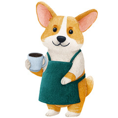 corgi wearing an apron and holding a coffee cup