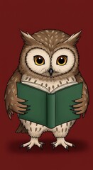 Whimsical Owl Reading a Book Illustration on Red Background. © Jani