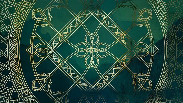 Golden celtic knotwork forming on green background