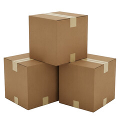 Three cardboard boxes stacked together ready for shipping or storage transparent background