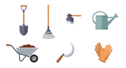 set farming tools illustration with shovel rake hoe watering can wheelbarrow sickle and gloves