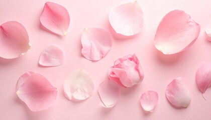 Delicate Pink Rose Petals Scattered On A Soft Pink Background With Subtle Lighting Highlights
