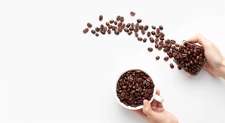 Naklejka premium Coffee beans spilling from a basket into a cup, isolated on white background