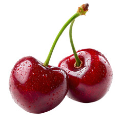 Two Fresh Ripe Cherries with Water Droplets.