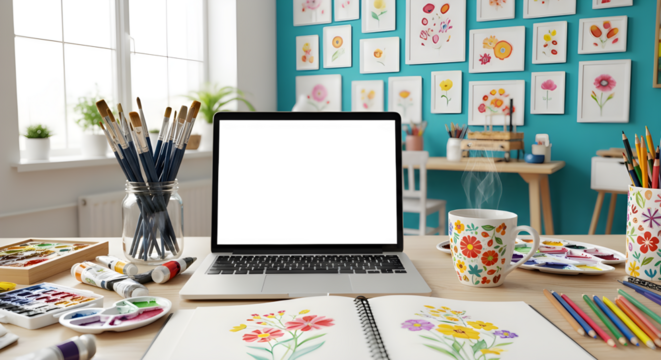 Open laptop with blank screen on a wooden table in a brightly lit art studio. The desk is surrounded by paintbrushes, watercolor sets, and an open sketchbook. - Powered by Adobe