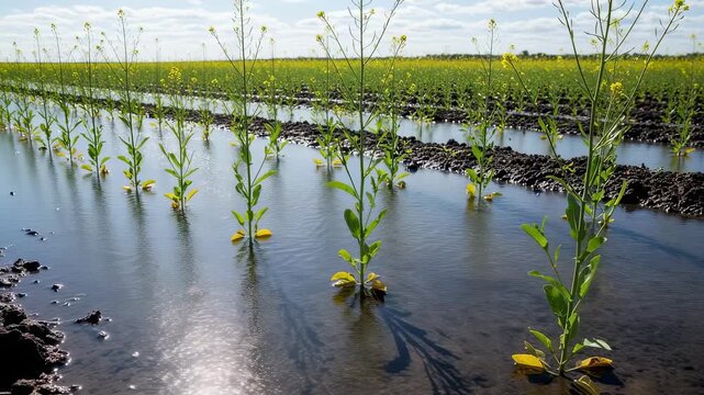 Medium shot capturing flood irrigation in camelina fields showing water distribution flooding the base of plants promoting soil moisture saturation