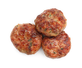 Delicious roasted meat patties isolated on white, top view