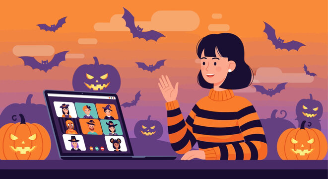 Smiling woman in a striped sweater having a virtual Halloween video call. - Powered by Adobe
