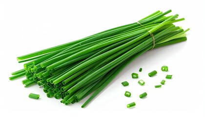Bundled Fresh Green Chives Tied Together with a Band and Some Chopped Pieces on a White Background Lit by Bright Daylight