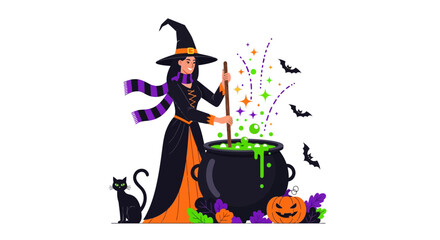 Witch brewing a magical potion in a cauldron with a black cat and pumpkin.