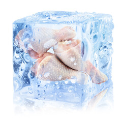 Raw chicken drumsticks in ice cube on white background. Fresh meat