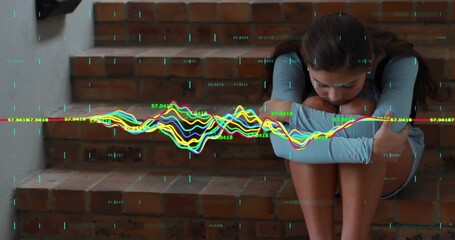 Huddling teen girl in sportswear on brick steps, with numeric waveform gridline overlay, copy space