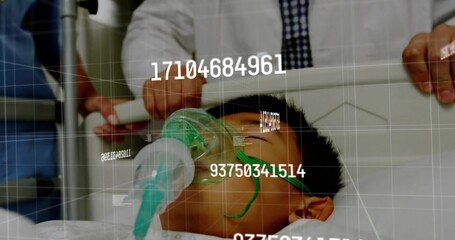 Lying Chinese child wearing gown, oxygen mask with green tubing on hospital bed, with grid overlay © vectorfusionart
