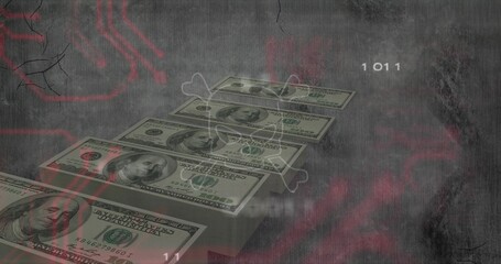 Forming US hundred-dollar bills staircase in digital space, with red circuit and binary digits