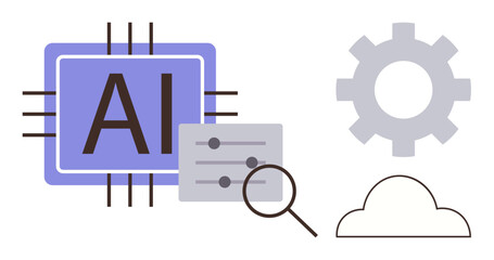 AI microchip alongside settings gear, cloud, and magnifying glass. Ideal for technology, automation, machine learning, data processing, cloud computing, artificial intelligence digital innovation