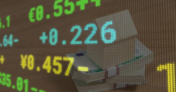 Displaying stacked 100 euro banknotes lying on wooden tabletop with rate ticker overlay, copy space - Powered by Adobe