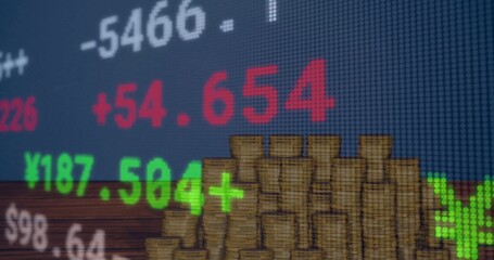Trading screen displaying red-green figures and ¥ $ symbols over grid on monitor, golden coin stack