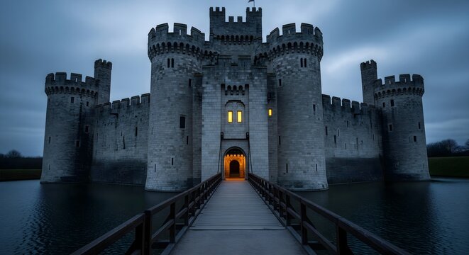 Massive stone castle with high walls and turrets features a wooden drawbridge leading over water