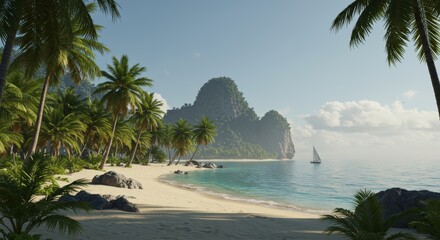 Tropical beach scene with palm trees ocean and mountain background under a sunny sky serene environment