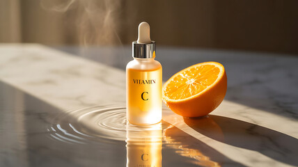 Product, skincare or advertising for brand, cosmetics and natural ingredients for wellness, healthy skin or fruit. Fresh, organic and vegan with water, hydrated or clean, created with generative ai