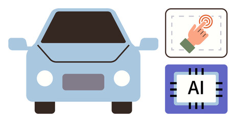 Blue car image alongside touch interface and AI chip, representing self-driving technology. Ideal for AI, innovation, smart systems, automation, transport, usability future. Simple flat metaphor