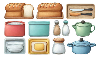 Colorful Kitchen Objects Including Loaves of Bread and Cooking Utensils on Transparent Background