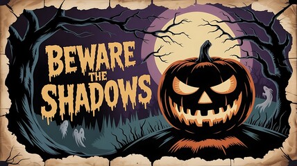 Halloween poster featuring the quote Beware the Shadows. halloween banner background template created with generative ai