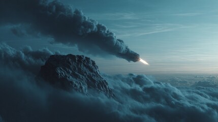 Bright Shooting Star Over Dramatic Twilight Sky and Landscape