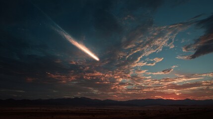 Bright Shooting Star Over Dramatic Twilight Sky and Landscape