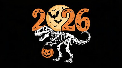 black background featuring a T-Rex skeleton holding a Halloween pumpkin candy bucket, created with generative ai