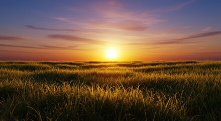 Sunset over a grassy field with golden sunlight and a colorful sky horizon