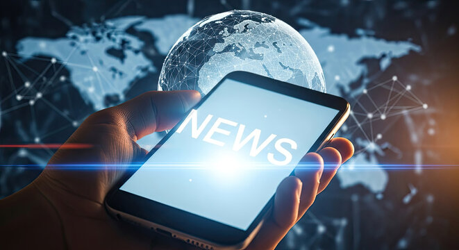 Global News on Mobile Phone: Hand Holding Smartphone with News App, Worldwide Information, Technology and Connectivity Concept, Breaking News Updates