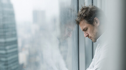 Stressed, sad, and tired businessman feeling worried in high rise office. professional man with problem stands leaning against window