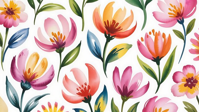 hand-painted watercolor floral pattern, abstract wildflowers in pink, coral, blue, and orange, bold brushstroke style, white background, playful spring garden vibe. created with generative ai
