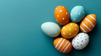 Festive top view of colorful easter egg decorations on teal background. joyful group of orange and blue eggs with dot and stripe patterns