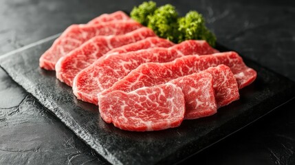 Fresh beef slices on dark stone plate