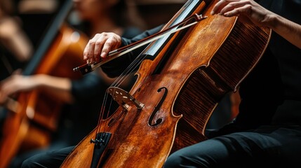 Fototapeta premium Cello performance in an orchestra hall